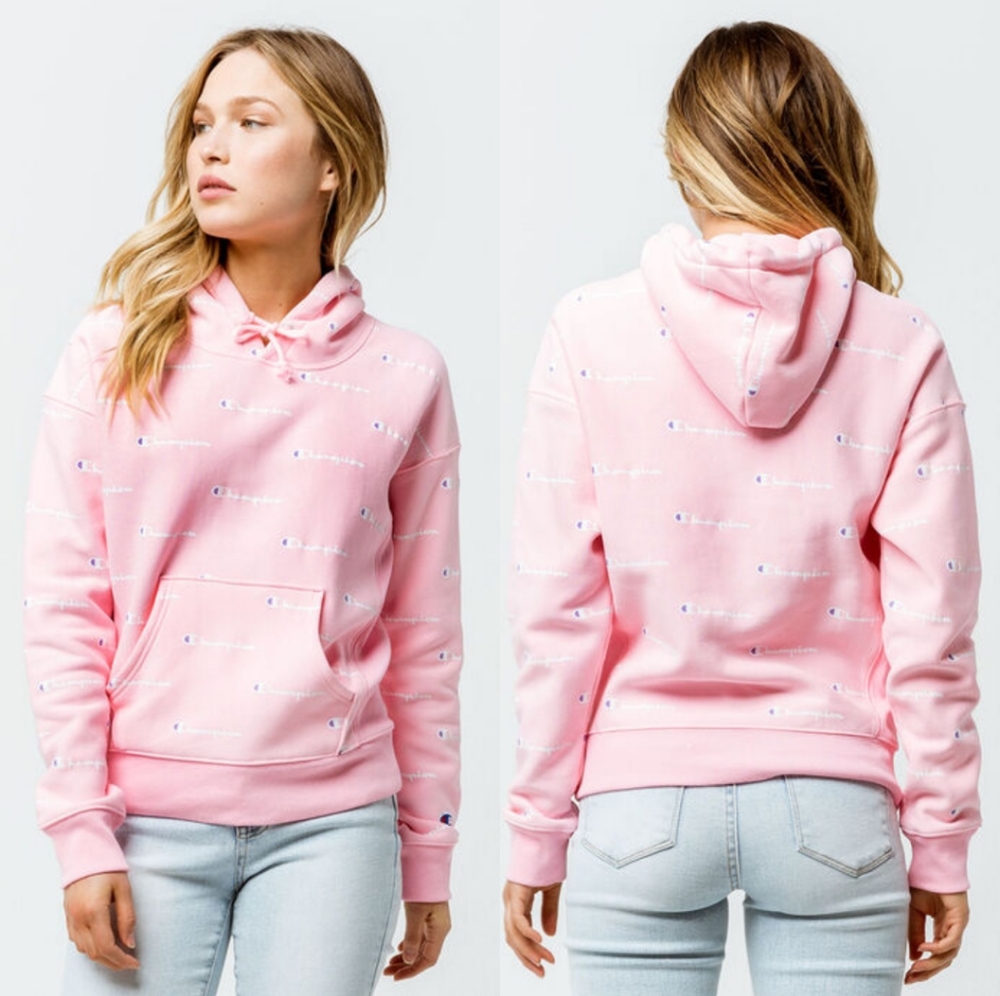 Champion Reverse Weave Pink Logo Print Hoodie